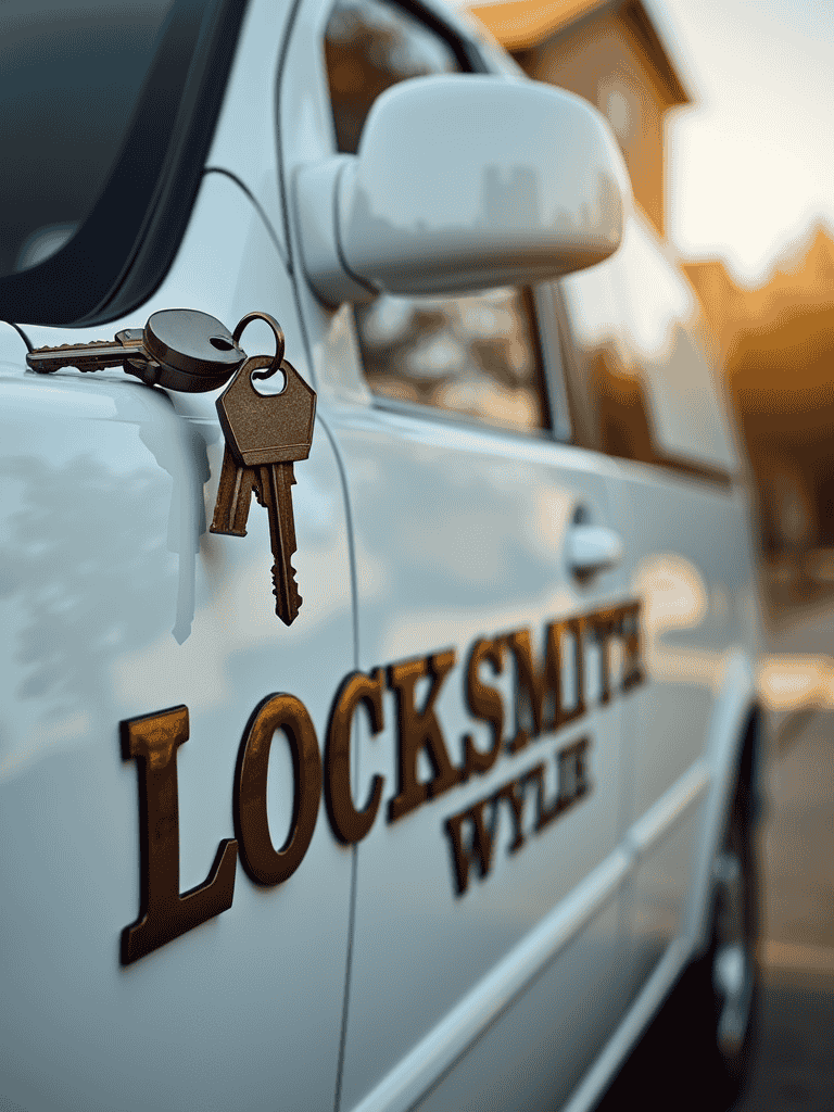 White van with keys graphic and 'Wylie Locksmith' branding, representing 1st Class locksmith services.